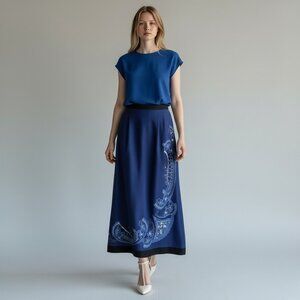 Field Manor Silk Skirt 10 Blue Midi Classic Office Side‎ Slit Paisley